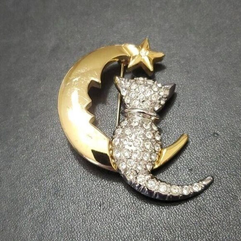 Multi tone moon & kitty cat brooch